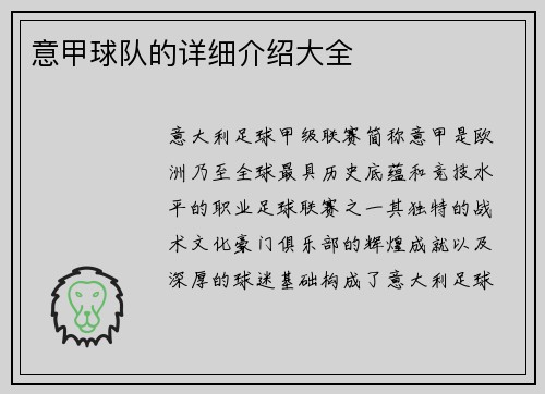 意甲球队的详细介绍大全